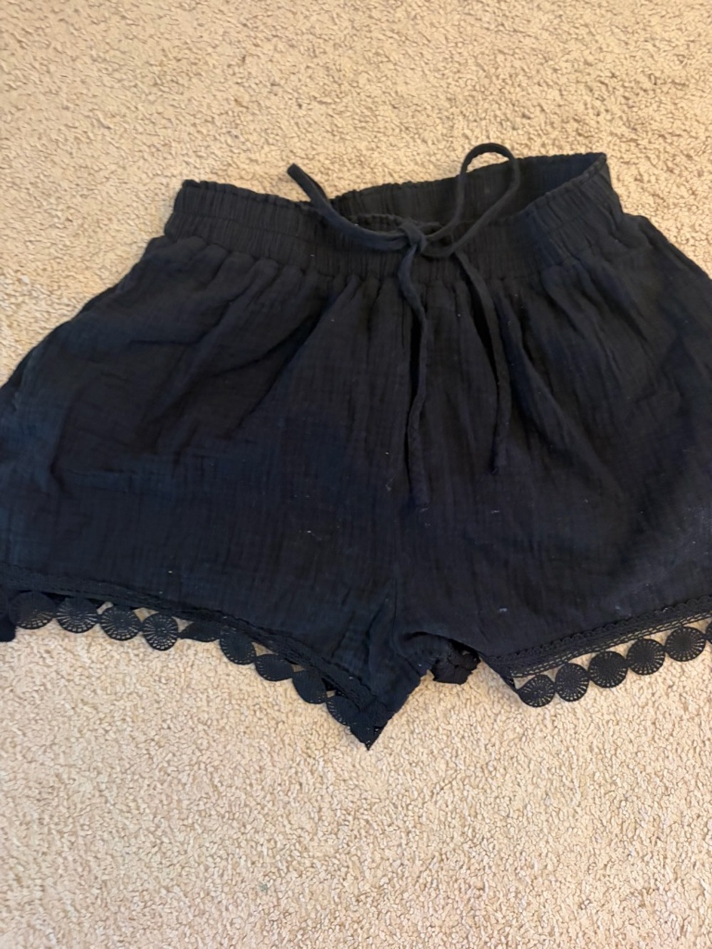 Cupshe Black High Waist Crochet Trim Drawstring Shorts